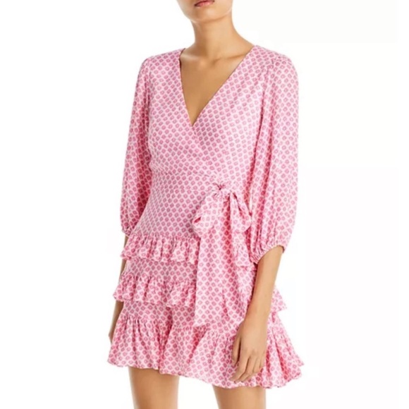 Aqua pink floral dress with ruffles and waist tie. - Picture 1 of 3